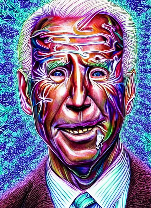 Image similar to a symmetrical photorealistic hyper detailed psychedelic portrait of Joe Biden smoking DMT out of a meth pipe in the style of alex grey