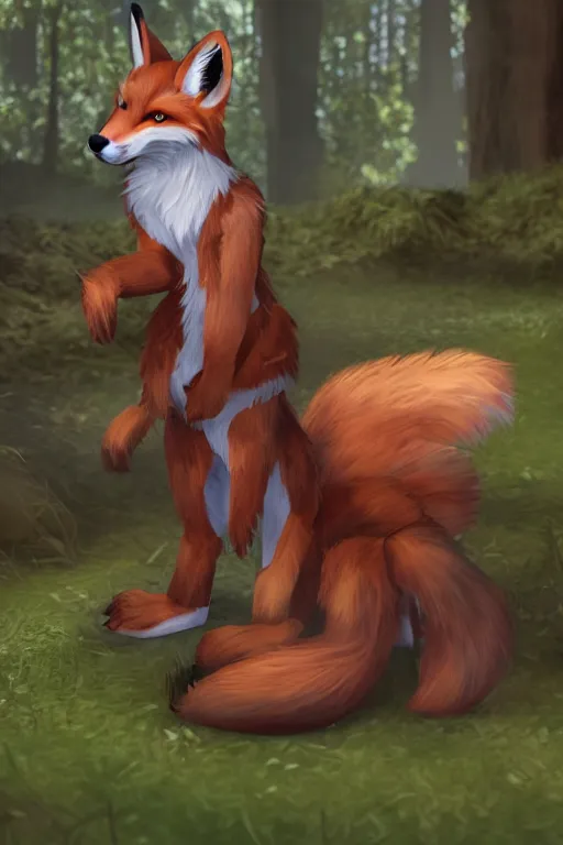 Image similar to a medieval fox furry fursona with a fluffy tail in a forest, backlighting, cgi, rendered in unreal engine, trending on artstation, cartoon, trending on furaffinity