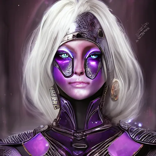 Image similar to portrait evilly white hair knights of Zodiac girl, metalic deep purple and black reflected armor, in ruined Agora of Athens thunder sparkling flash night, ssci-fi, fantasy, intricate, very very beautiful, elegant, highly detailed, digital painting, artstation, concept art, smooth, sharp focus, illustration, art by tian zi and WLOP and alphonse mucha