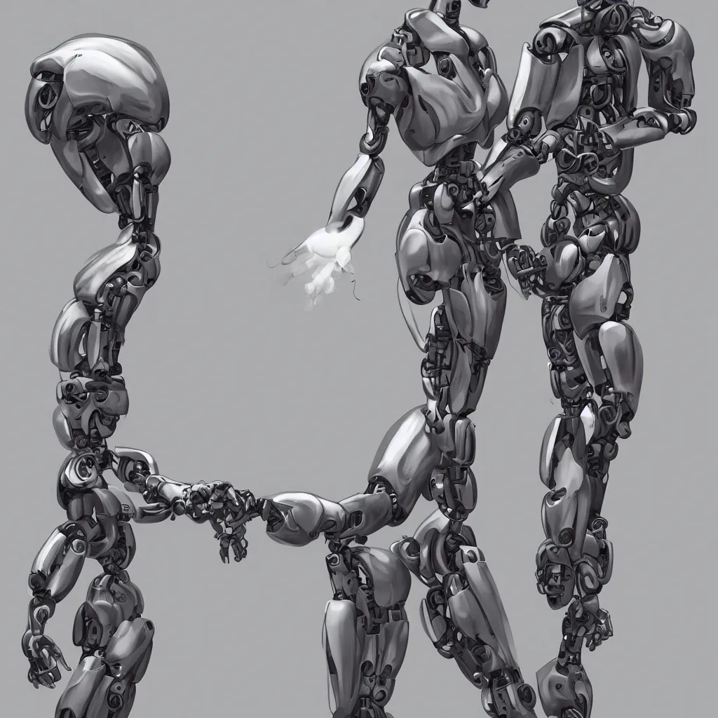 Prompt: a robot and a human holding hands, trending on artstation,