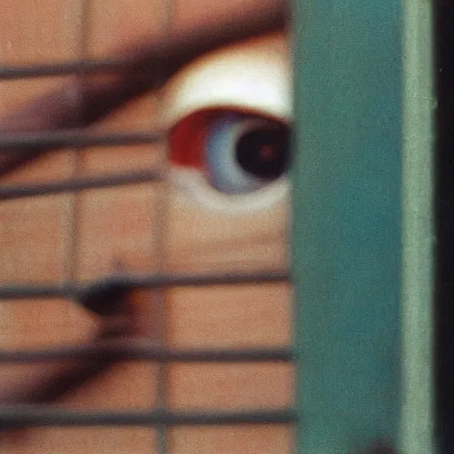 Prompt: Zoomed cropped closeup of unexpected voyeuristic eye contact with neighbor in window, Technicolor, telephoto lens, vintage photograph