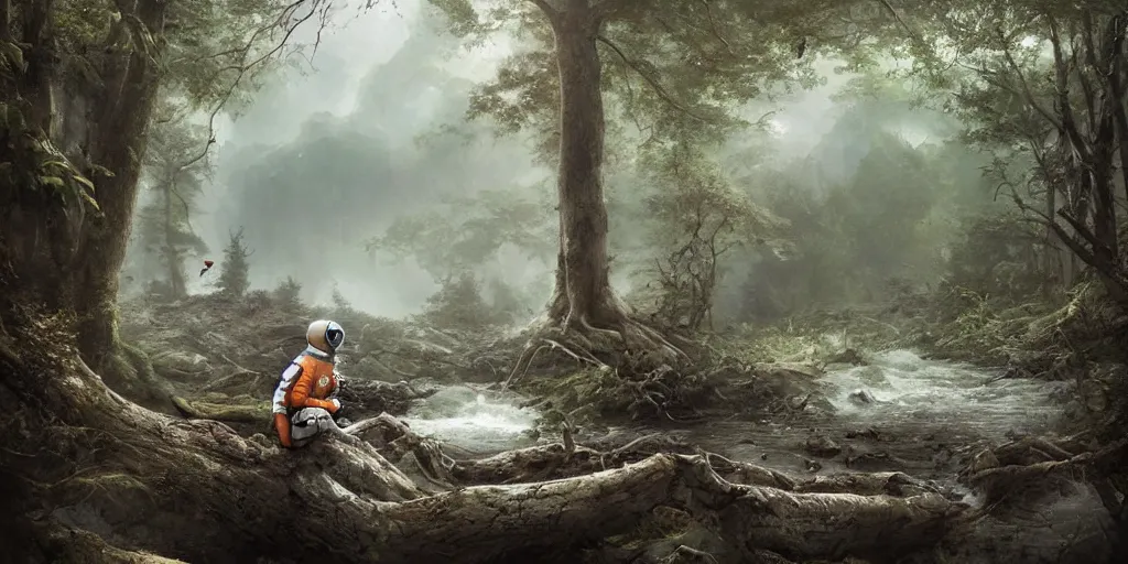 Prompt: an astronaut sitting on a fallen tree by a river in a forest, a detailed matte painting by frieke janssens, featured on cgsociety, fantasy art, matte painting, reimagined by industrial light and magic, matte drawing