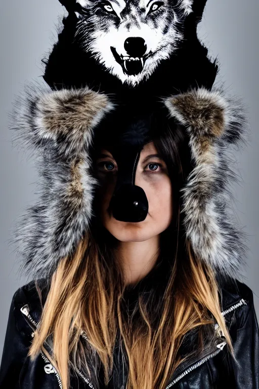 Image similar to photographic portrait of a punk girl in a leather jacket wearing a wolf's head over her face, fashion shoot, cool girl with wolf on her head