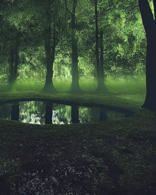 Image similar to a mystical pond in the middle of a lush forest at night during an eclipse, minimalist design, dark and dim lighting, beautiful, tranquil, moody, cinematic, fantasy, 3 5 mm lens, volumetric lighting, first person view, photographic render, hyper realistic