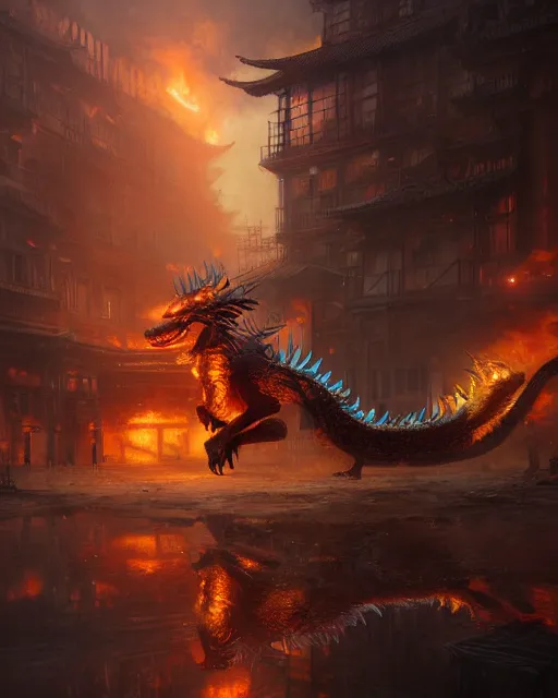 Image similar to oil painting of fire Fox chinese dragon hybrid, sharp focus, fantasy style, steampunk city background, octane render, volumetric lighting, 8k high definition, by greg rutkowski, highly detailed, trending on art Station, explosions,