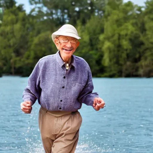 Image similar to a smiling old man walking on water