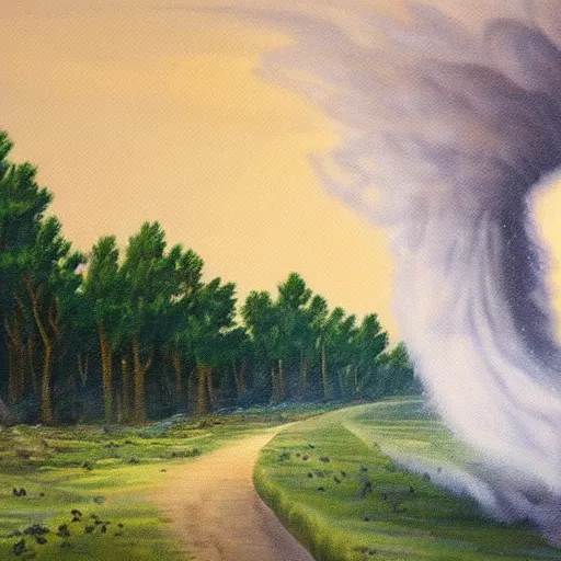 Image similar to beautiful tornado in a landscape painting