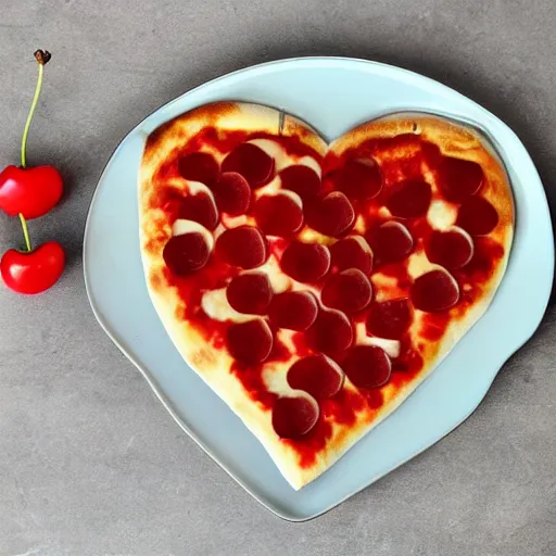 Image similar to heart shaped plain magerhita cheese pizza, 4 - 5 cherry tomata served on a wooden plate, no toppings only cheese ( ( ( no pepperoni ) ) )