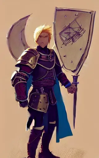 Prompt: highly detailed concept art by Greg Rutkowski of a rugged young knight with blonde hair and blue eyes and a short beard wearing a blue shirt and a yellow cape and leather boots holding a shield and a warpick, concept art, realistic, masterpiece, ArtStation