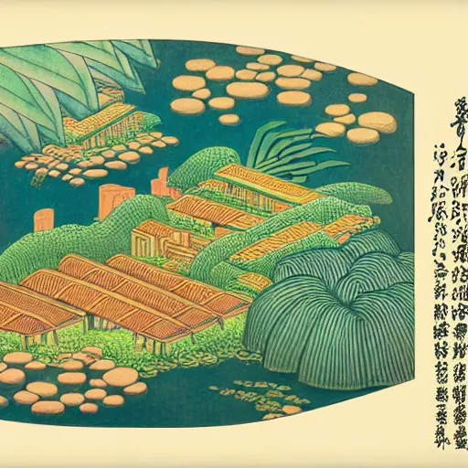 Image similar to 3 d isometric botanical illustration of a small city in an island surrounded by water, diego rivera in ukiyo - e style variation 1, hd