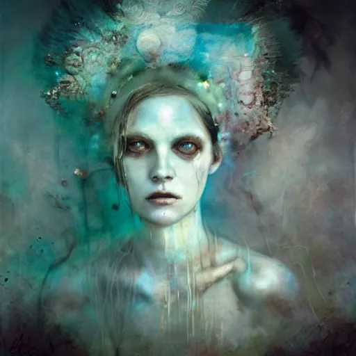 Prompt: goddess of the dead by cy Twombly and BASTIEN LECOUFFE DEHARME, iridescent,