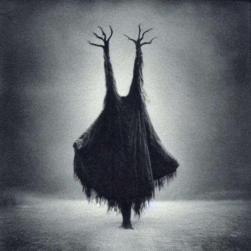 Image similar to vintage photography of realistic faceless beast-god with many long arms, a huge body covered with deep furs by Zdzisław Beksiński, odd eye, dark fantasy, asymmetry, blur, haze, fog, vignetting, platinum printing