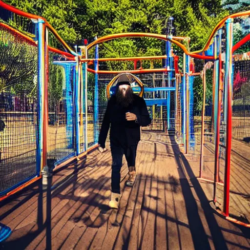 Prompt: A bearded man walks through a funpark