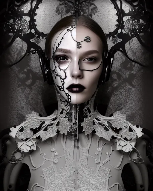 Image similar to monochrome profile portrait painting, silver lace floral steampunk biomechanical beautiful young female cyborg with techno eye, volumetric light, leaves foliage and stems, hibiscus flowers, sinuous fine roots, fine foliage lace, alexander mcqueen, rim light, big gothic fashion pearl embroidered collar, octane render, dutch masters, 8 k