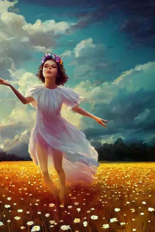 Image similar to giant white daisy flower crown, girl dancing in a flower field, surreal photography, sunrise, dramatic light, impressionist painting, colorful clouds, digital painting, artstation, simon stalenhag