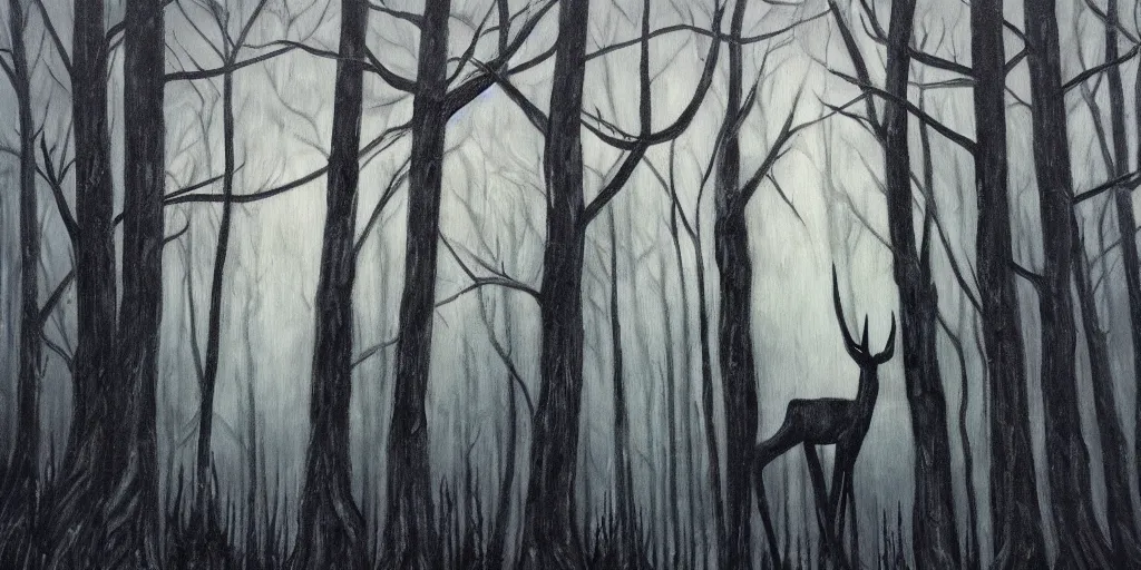 Image similar to wendigo in the woods painting dark creepy