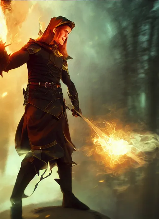 Image similar to A fantasy comic book style portrait painting of a Channing Tatum as a male elf wizard casting a fire spell, unreal 5, DAZ, hyperrealistic, octane render, RPG portrait, ambient light, dynamic lighting