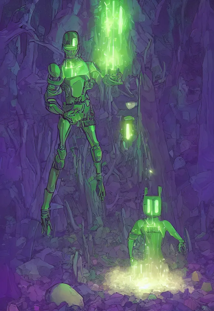 Image similar to A digital painting comic book cover of an android with glowing gloves and boots with back to the camera in a forest, looking up at a tower of crystals and geodes glowing in the fog, skeletons lay on the ground beside him, forced perspective,cinematic, stylized, purple and green