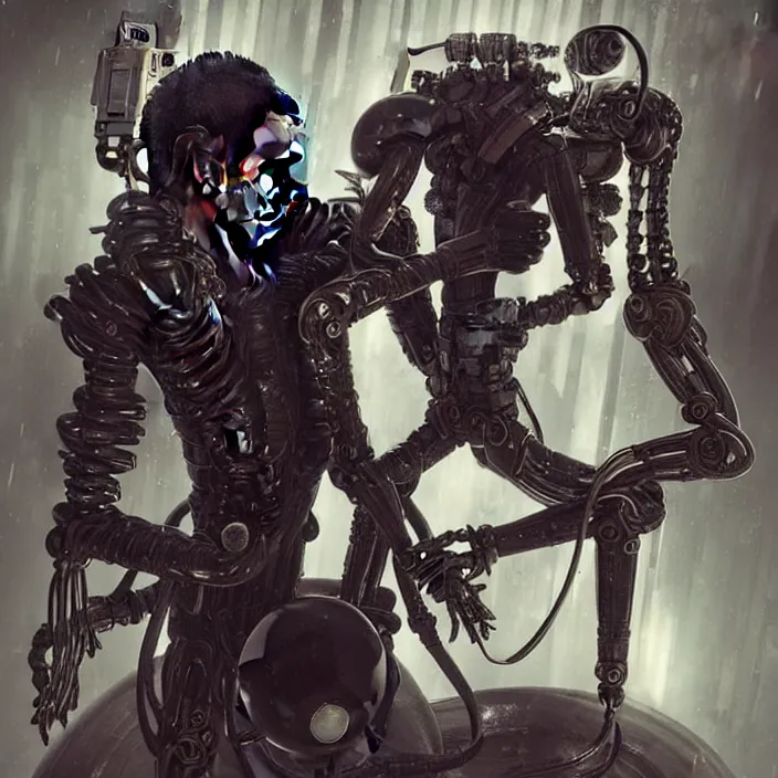 Image similar to cyberpunk black man at 20s with robot eyes, short hair, tiny thin mustache, thin face, wearing headphones, holding a big camera, by Wayne Barlowe by peter Mohrbacher by Giger, dressed by Alexander McQueen and by Neri Oxman, metal couture hate couture editorial