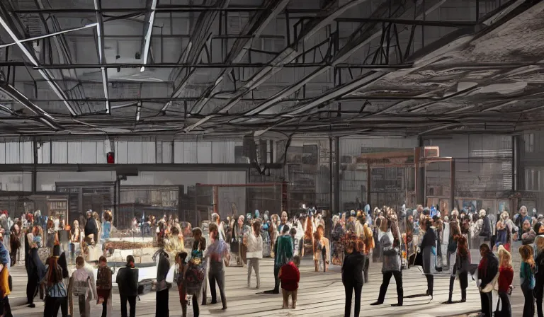 Image similar to large group people in simple warehouse, looking at hologram of futuristic downtown on a table, cinematic concept art, godrays, golden hour, natural sunlight, 4 k, clear details, tabletop model buildings, center model tall buildings, hologram center, crane shot, crane shot, crane shot, clear details, windows