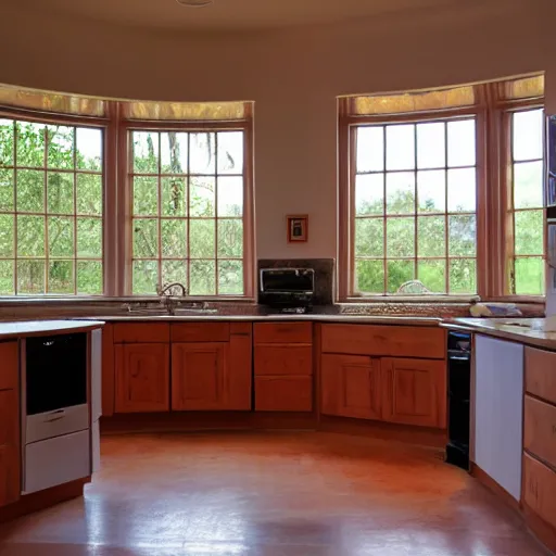 Prompt: kitchen, with cabinets in background, sunrise, large round window,