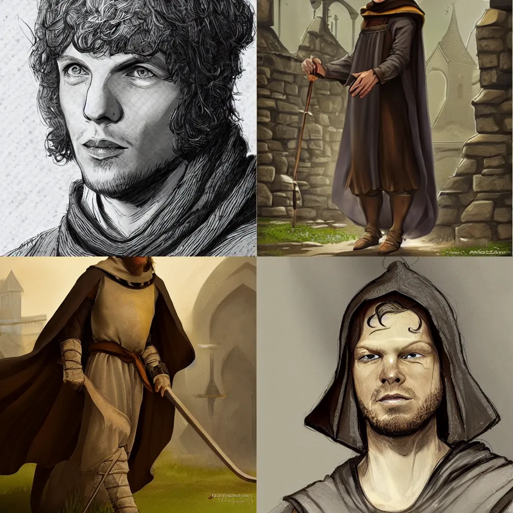 Prompt: Jesse Eisenberg as a medieval monk, fantasy concept art by J.Dickenson