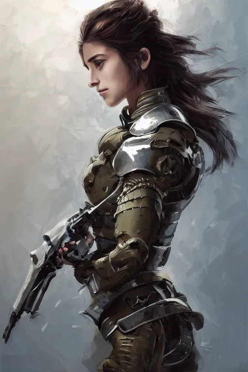 Image similar to a finely detailed portrait of an attractive young woman, clothed in military-style battle armor, shoulder mounted gun, olive skin, long dark hair, beautiful bone structure, symmetrical facial features, intricate, elegant, digital painting, trending on Artstation, concept art, smooth, sharp focus, illustration, from Metal Gear by Ruan Jia and Mandy Jurgens and Artgerm and William-Adolphe Bouguerea, award winning