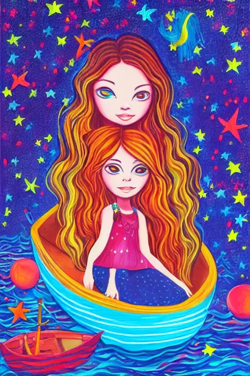 Prompt: a whimsical painting of a whimsical girl sitting in a boat in a lake with stars falling from the sky in the moonlight painted by jeremiah ketner