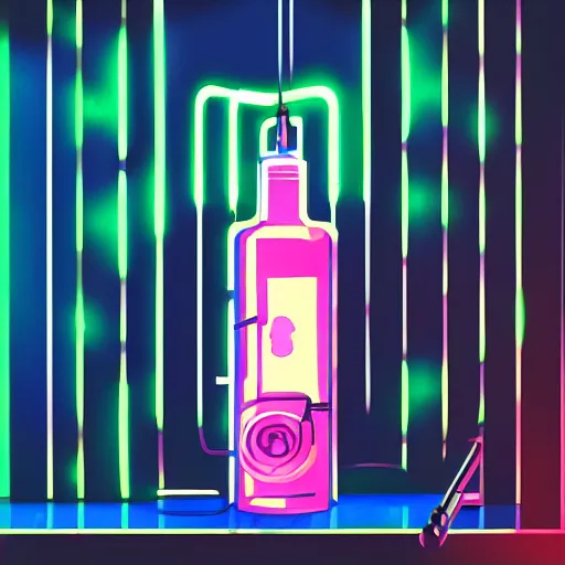 Prompt: headphones in a bottle, cyberpunk, Laurent Durieux style