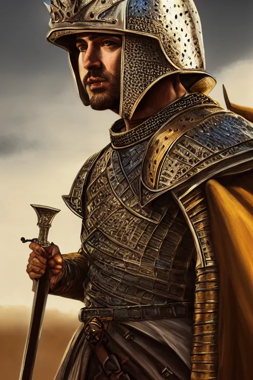 Prompt: Portrait of a handsome king in the desert, Medieval Warrior, detailed scene, Armour and Crown, Sword, photo realistic, highly detailed, dramatic lighting, trending on artstation, elegant, intricate, character design, motion and action and tragedy, fantasy, D&D, highly detailed, digital painting, concept art