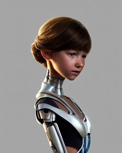 Image similar to weta disney pixar movie still head and torso portrait photo of young millie alicia bobby vikander brown as thoughtful intricate detailed mechanical white plastic cyborg girl by pixar, by weta, wlop, ilya kuvshinov, rossdraws, artgerm, latex, iridescent, bright morning, anime, liosh, mucha