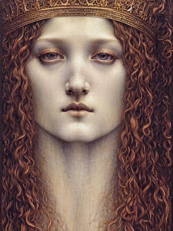 Image similar to detailed realistic beautiful young medieval queen face portrait by jean delville, gustave dore and marco mazzoni, art nouveau, symbolist, visionary, gothic, pre - raphaelite. horizontal symmetry