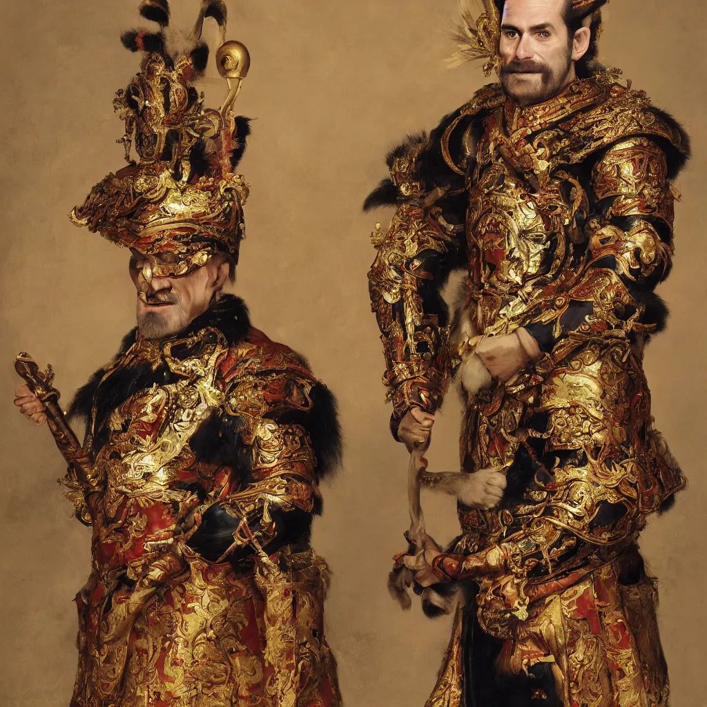 Image similar to portrait of a monkey king of spain felipe vi, artwork by velazquez, trending on artstation, monkey dressed as general military, wearing a donkey ears