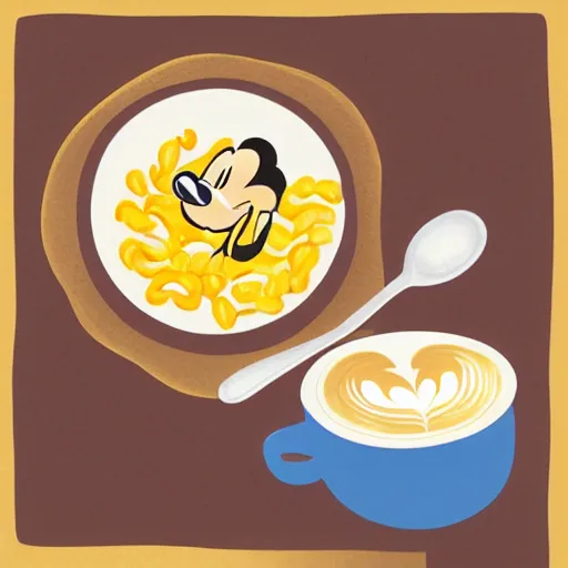 Image similar to a hand drawn disney illustration of a living box of mac and cheese holding a cup of coffee