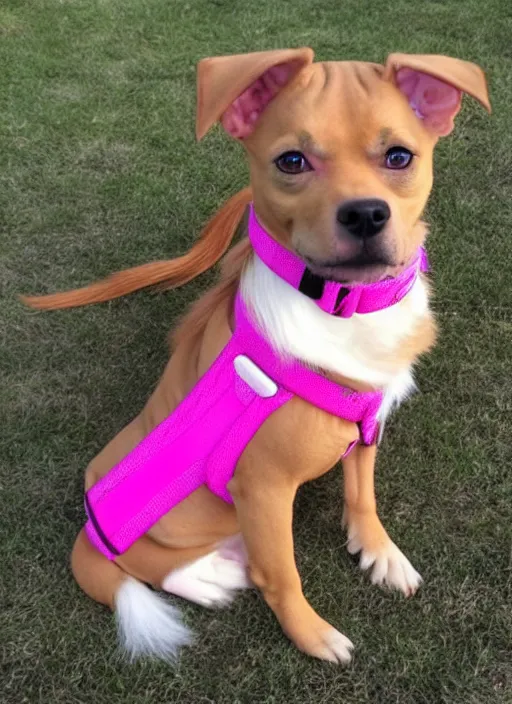 Image similar to fully grown tan pit bull, long - haired chihuahua, pomeranian mix, wearing a pink harness