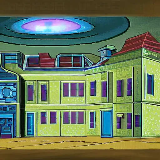 Prompt: a large house, from a space theme point and click graphic adventure game made in 1995