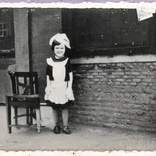 Prompt: Bendy attends primary school. 1920s photo.