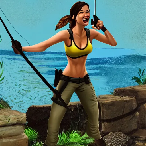 Image similar to lara croft fishes and she laughs because she got shoes