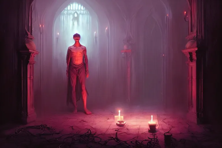 Image similar to Character concept art of Pretty guy male necromancer bringing dead to alive, casting dark magic spell. Castle room, lots of candles, barely lit warm violet red light, many transparent souls comes through the floor By greg rutkowski, tom bagshaw, beksinski