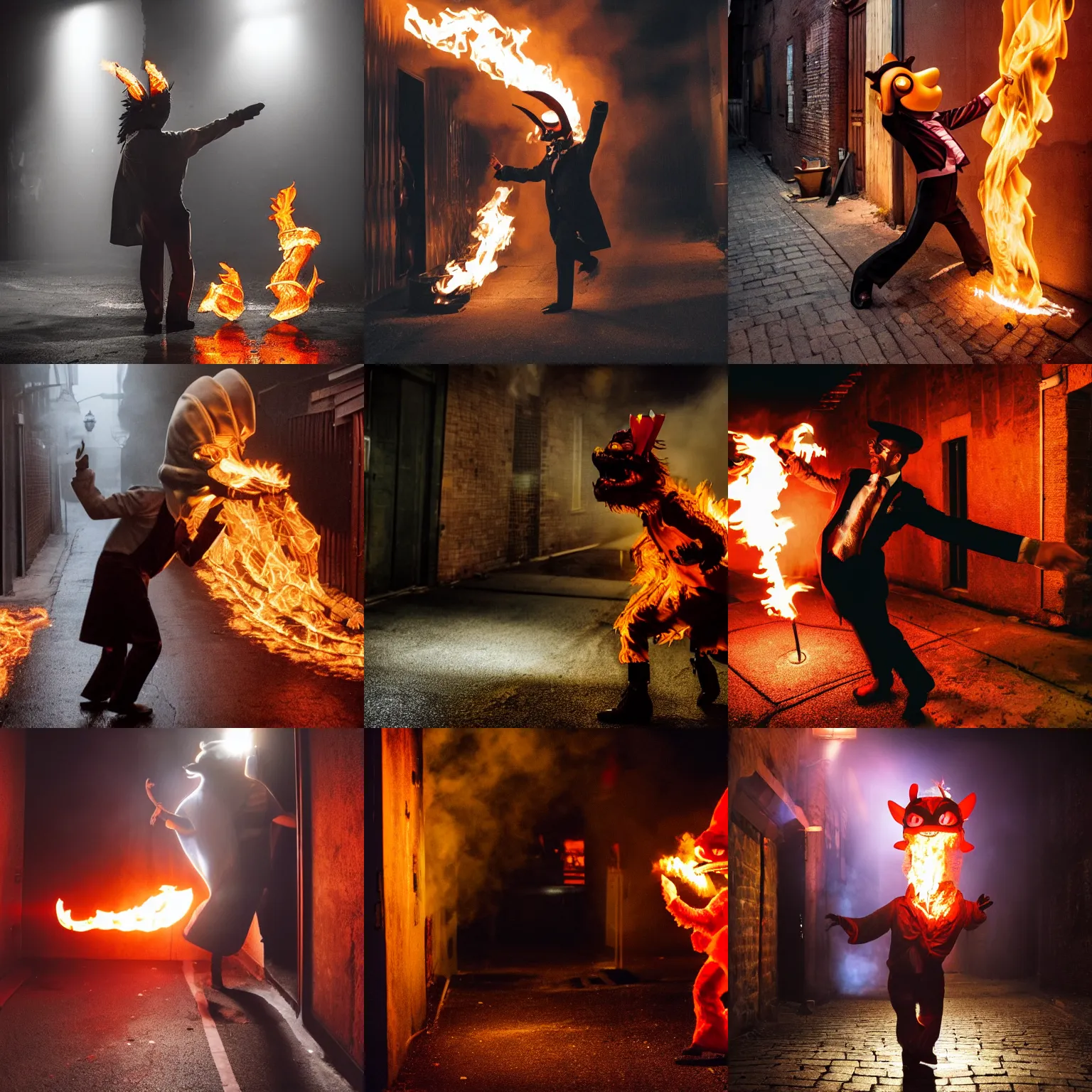 Prompt: an anthropomorphic fire is dancing in a dark alley, awardy winning photo