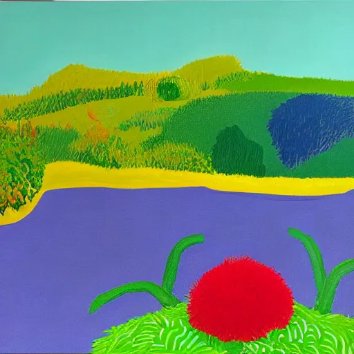Prompt: rough acrylic painting of a lush natural scene on an alien planet by david hockney. beautiful landscape. weird vegetation. cliffs and water.