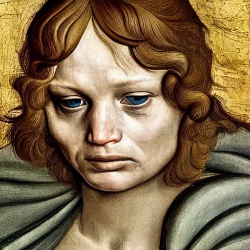 Prompt: jennifer lawrence as gollum, elegant portrait by sandro botticelli, detailed, symmetrical, intricate