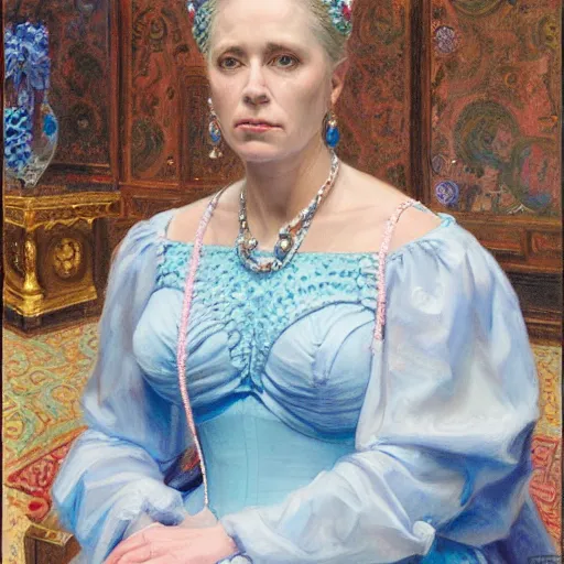 Prompt: portrait of a queen, dressed in blue and pink, by donato giancola.