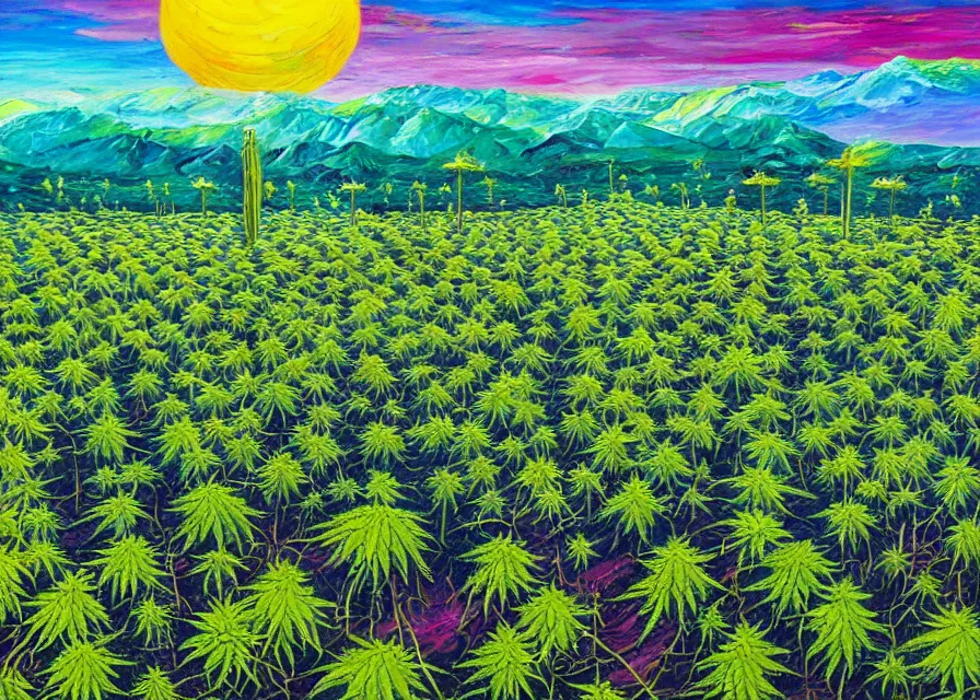 Image similar to cannabis fields on a beautiful alien landscape, colorful oil painting, highly detailed