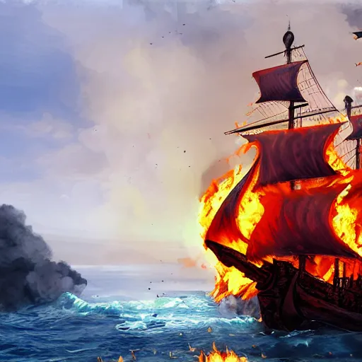 Image similar to Pirate ship on fire, digital art, detailed, artstation, realistic