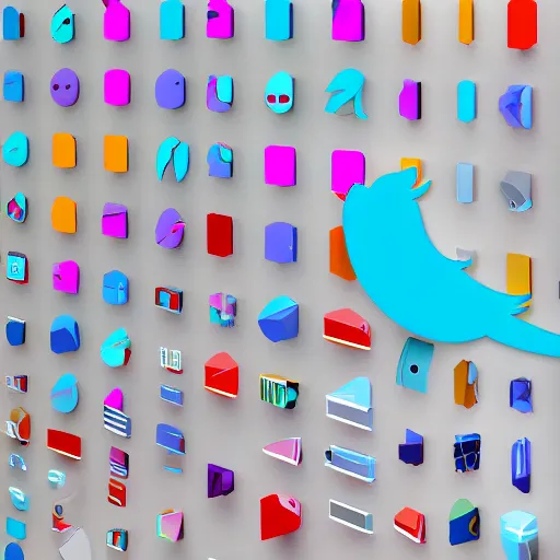 Prompt: the twitter bird surrounded by screens of different shapes and colors, 3d rendered