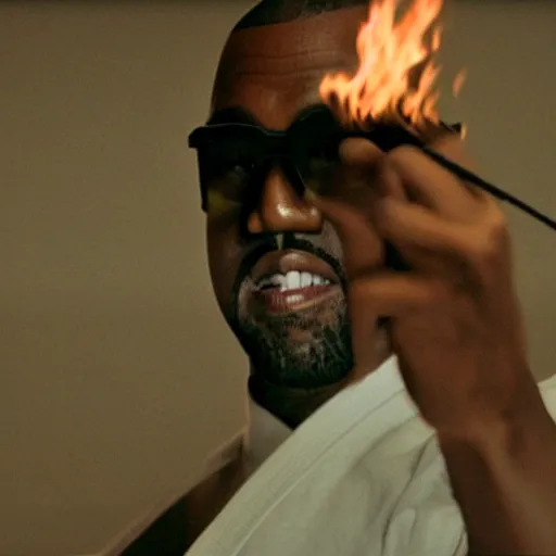 Image similar to cinematic film still of Kanye West starring as a Japanese Sensei with fire, Japanese CGI, VFX, 2003, 40mm lens, shallow depth of field, film photography