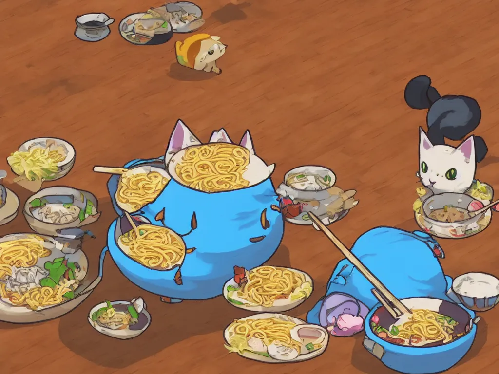 Image similar to Cute kawaii cat eating a bowl of ramen in The Legend of Zelda Breath of the Wild, toon shading, npr