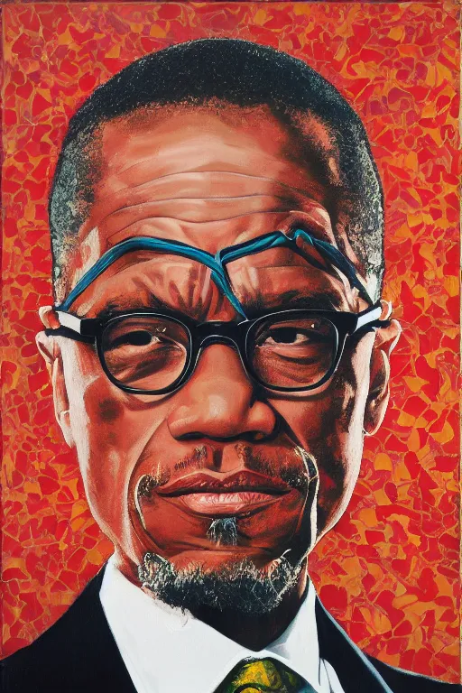 Prompt: Malcolm x, portrait by Kehinde Wiley!!, oil paint on canvas, brushstrokes,