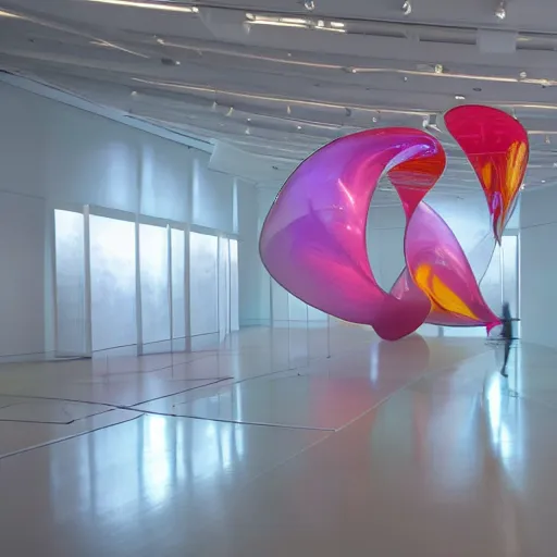 Image similar to : soft glossy hyperbolic abstract shapes art installation in museum
